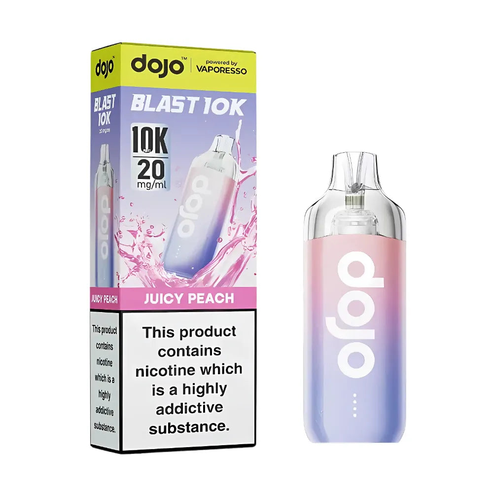 Dojo vape device and packaging with 'Juicy Peach' flavor on a white background