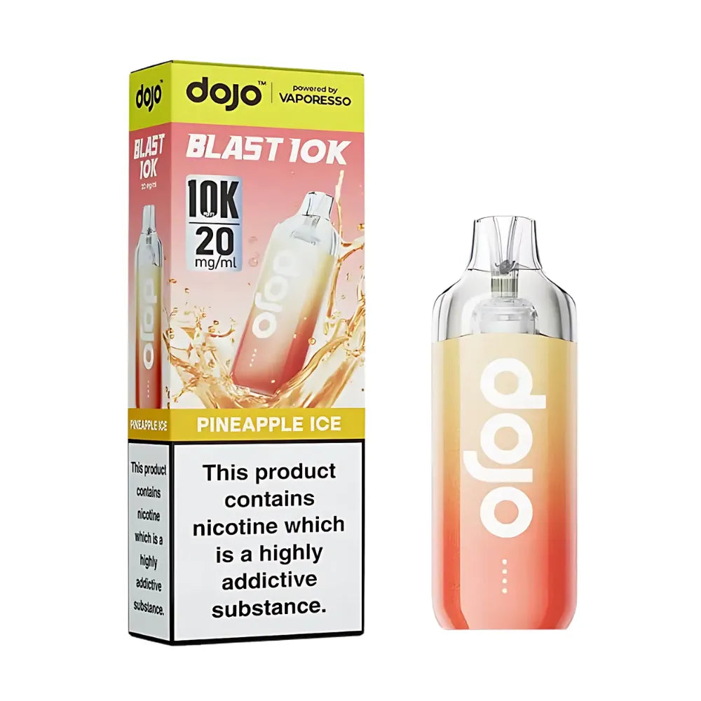 Dojo vape device and packaging with pineapple ice flavor on a white background