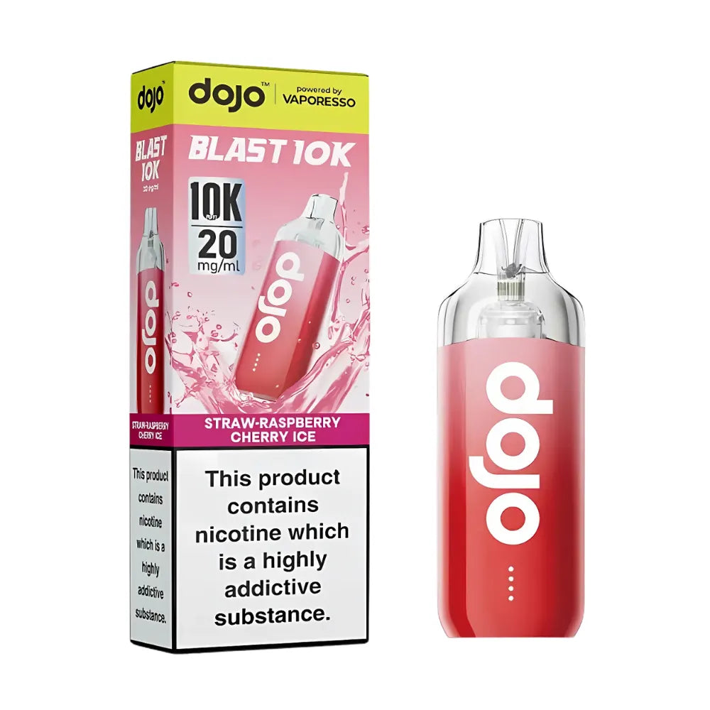 Red 'dojo' vape device with packaging on a white background