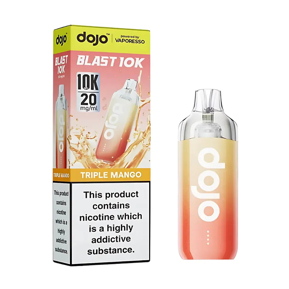 dojo Blast 10K vape device and packaging with triple mango flavor on a white background