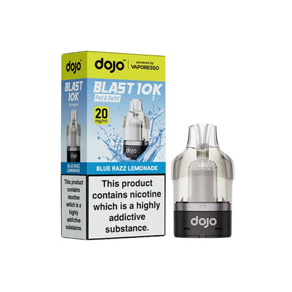  dojo blast 10k vape cartridges blue razz lemonade and packaging on a white background