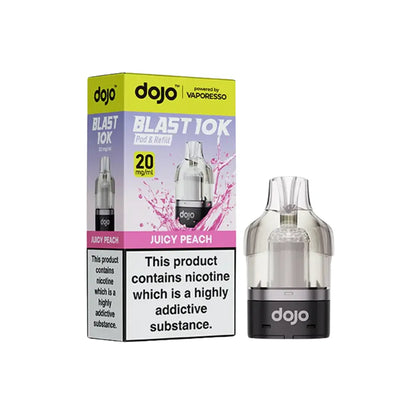  dojo blast 10k vape cartridges juicy peach and packaging on a white background