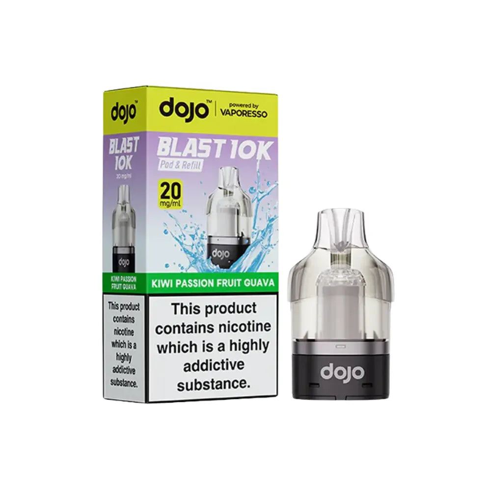  dojo blast 10k vape cartridges kiwi passionfruit guava and packaging on a white background