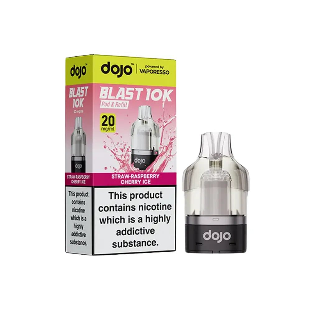  dojo blast 10k vape cartridges strawberry raspberry cherry ice and packaging on a white background