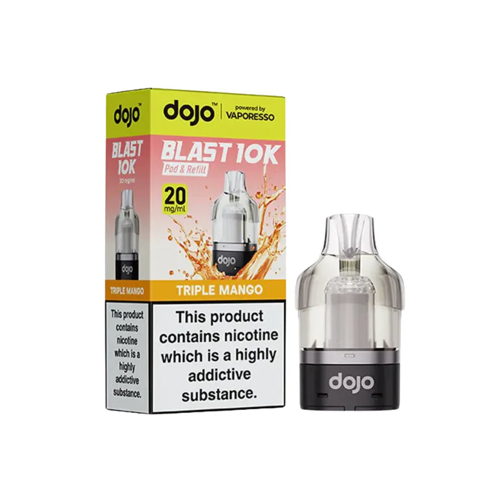  dojo blast 10k vape cartridges triple mango and packaging on a white background