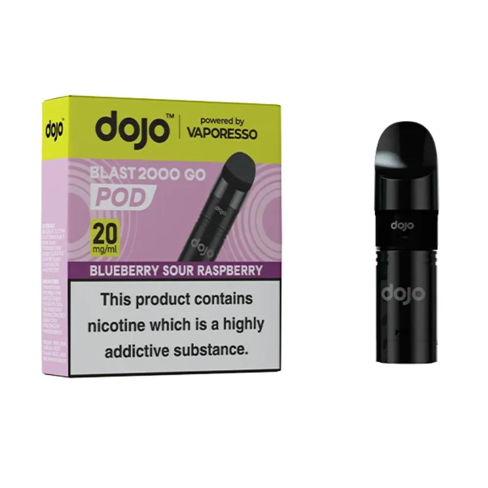  dojo blast 2000 blueberry sour raspberry vape pod packaging with black pod on a white background 