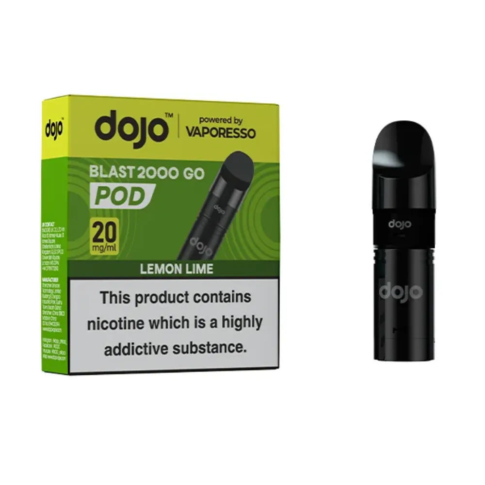 dojo blast 2000 lemon lime vape pod packaging with black pod on a white background 