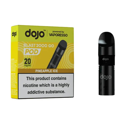  dojo blast 2000 pineapple ice vape pod packaging with black pod on a white background 