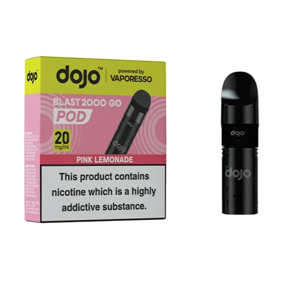  dojo blast 2000 pink lemonade vape pod packaging with black pod on a white background 