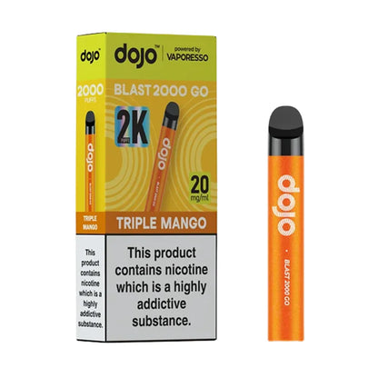 Orange vape device with 'dojo' branding next to its packaging on a white background