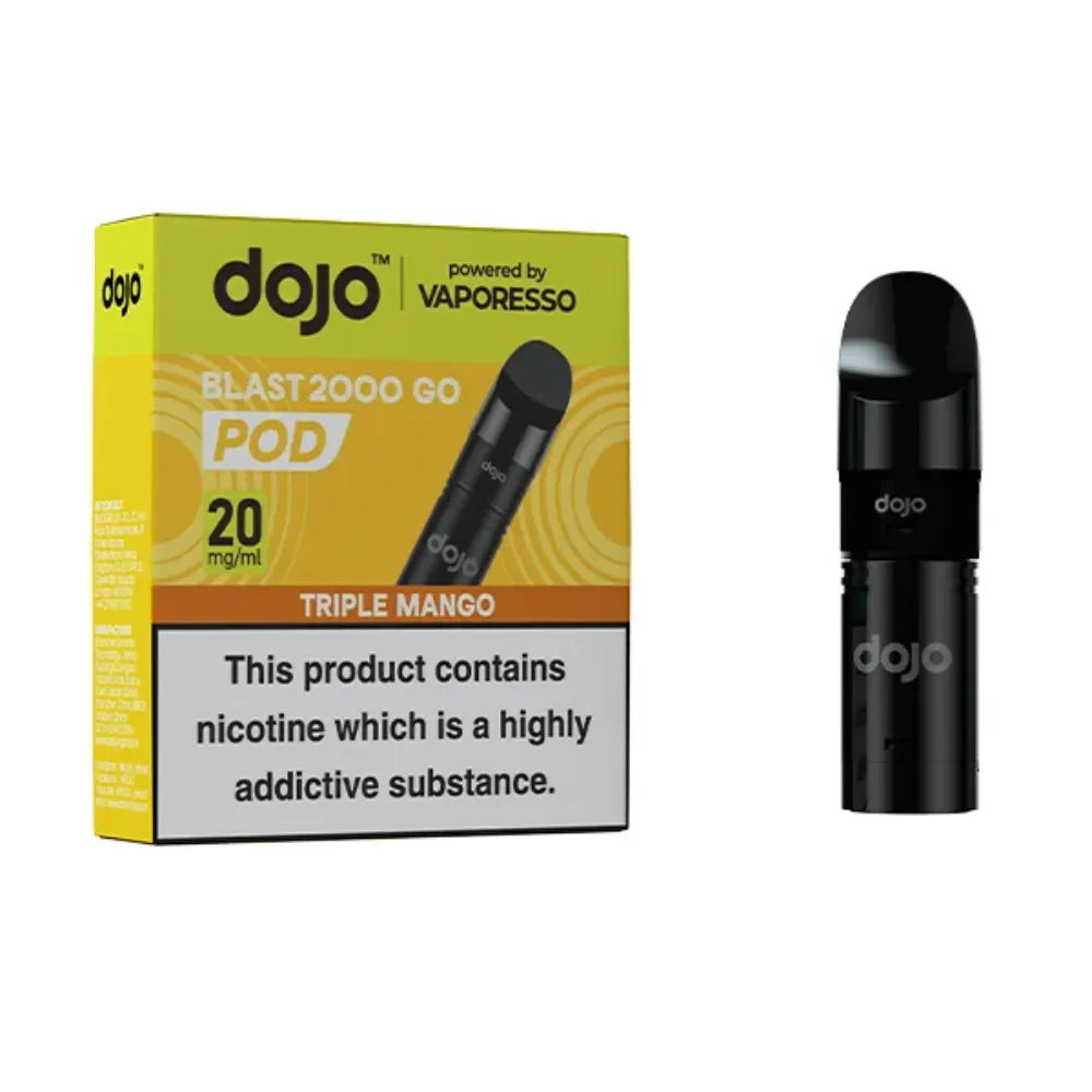  dojo blast 2000 triple mango vape pod packaging with black pod on a white background 