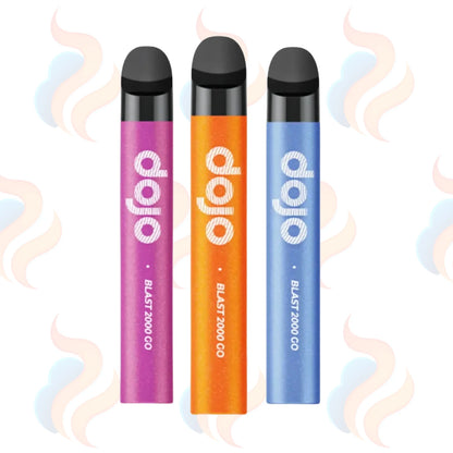Three vape devices in purple, orange, and blue with 'Dojo' branding on a logo printed background.