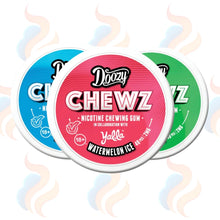 Three containers of Doozy Chewz nicotine chewing gum in blue, pink, and green on a white background.