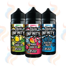 Three Doozy Infinity E-liquids on a white background with UK Vape Supply Logo
