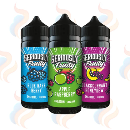 Three Doozy Seriously Fruity E-liquids on a white background with UK Vape Supply Logo
