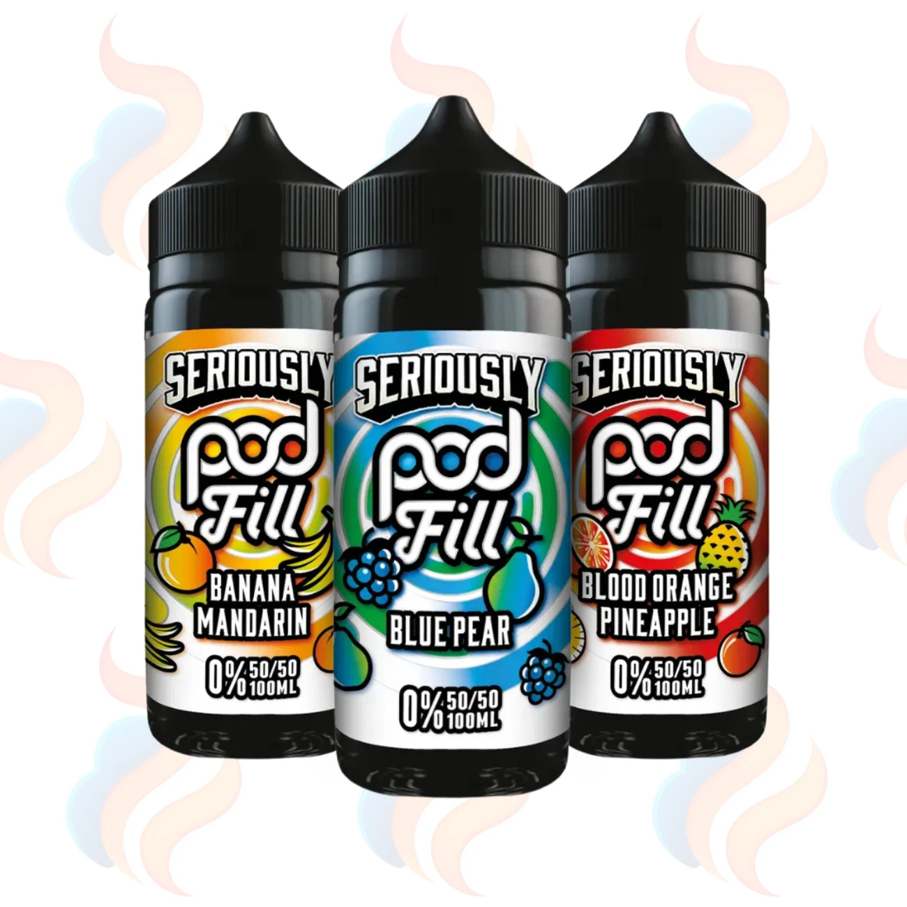 Three Doozy Seriously Pod Fill E-liquids on a white background with UK Vape Supply Logo