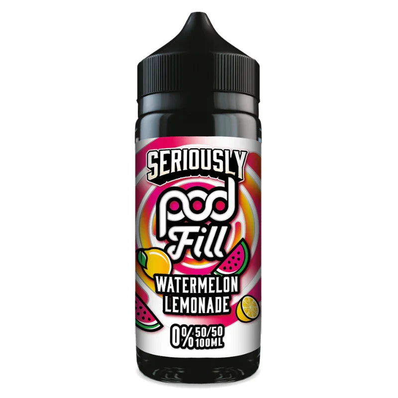 Vape pod with 'Seriously Pod Fill' branding on a white background