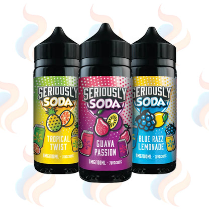 Three Doozy Seriously Soda E-liquids on a white background with UK Vape Supply Logo