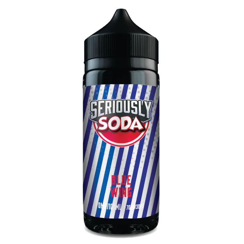 Bottle of Seriously Soda Blue Wing on a white background