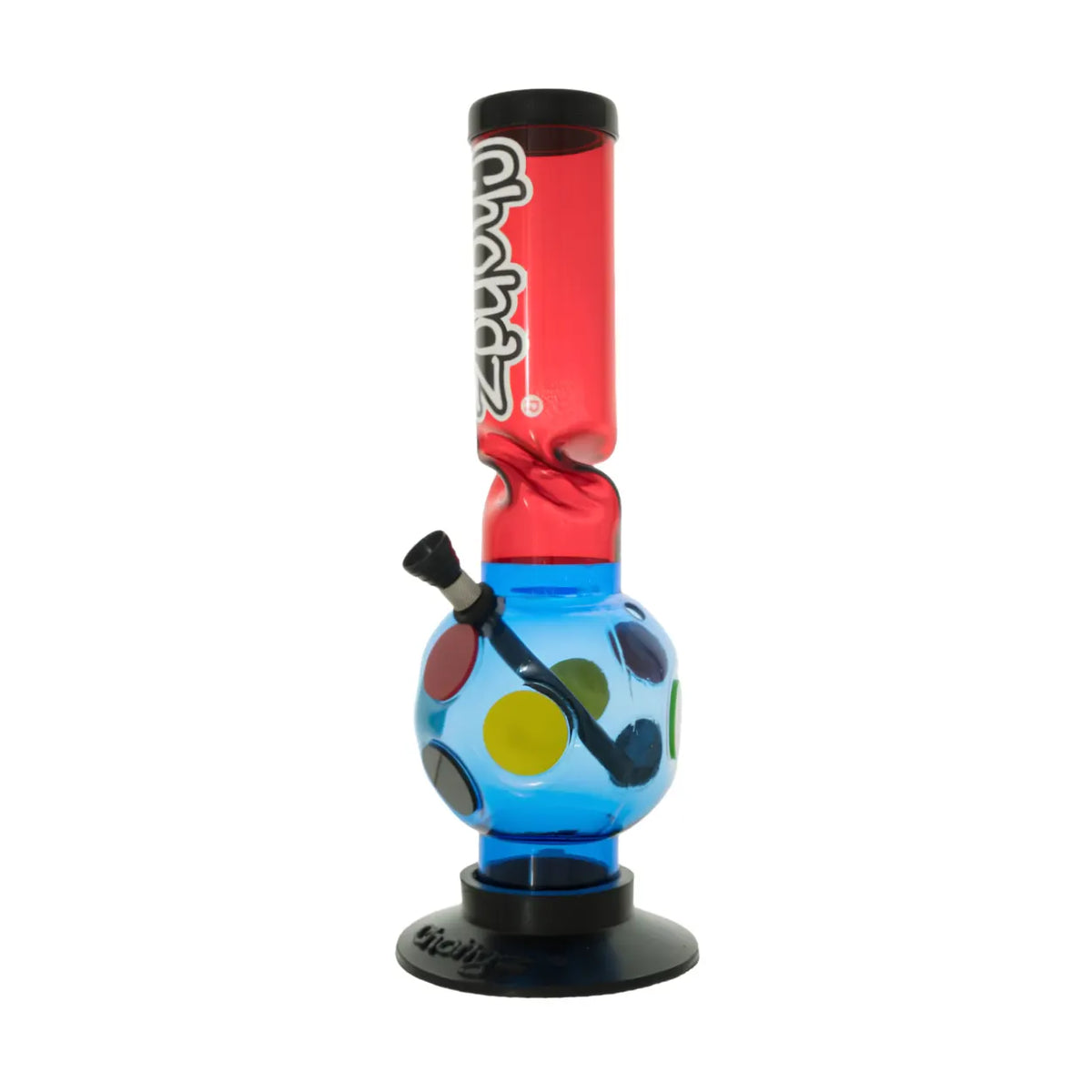 A colourful glass water pipe with a red upper chamber, a blue lower chamber with multi-coloured dots, a black mouthpiece, and a black base, shown on a plain white background.