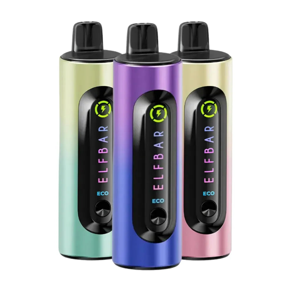 Three ELF BAR vape devices in different colours on a white background