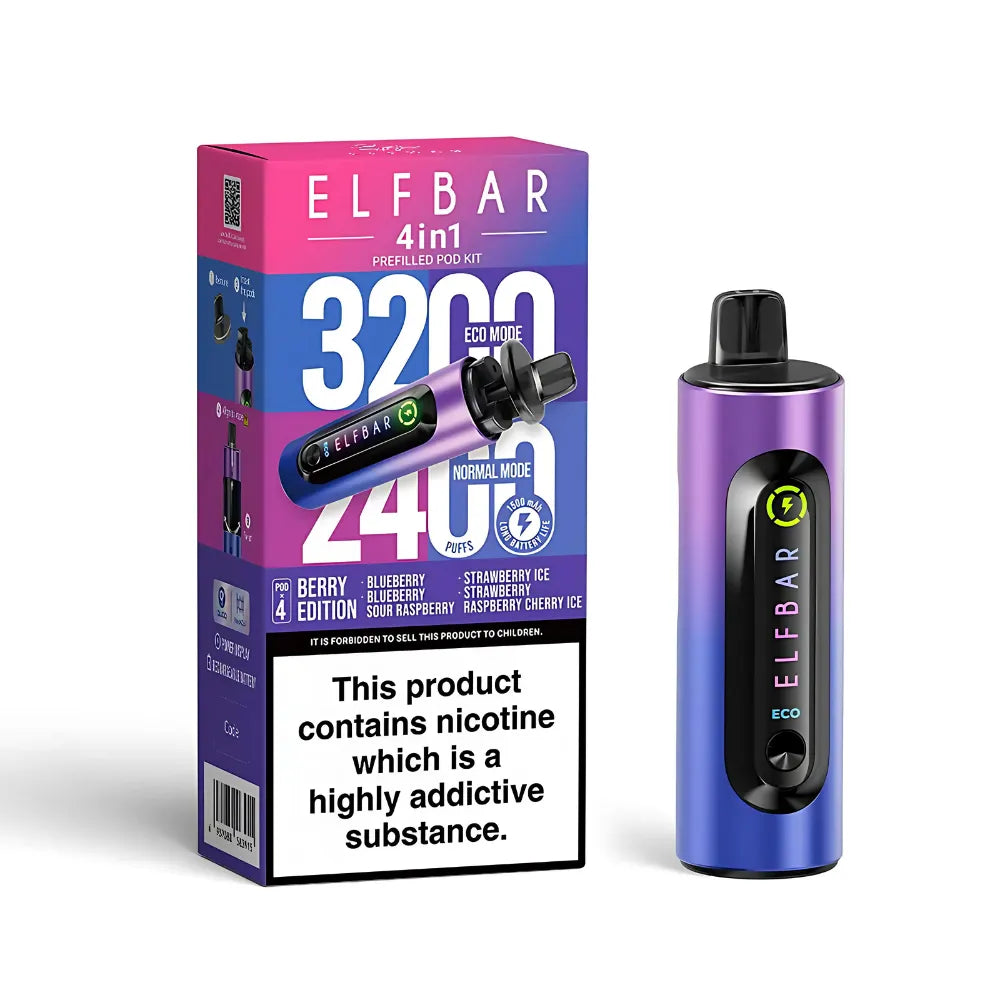 Elf Bar vape device in berry edition and packaging on a white background