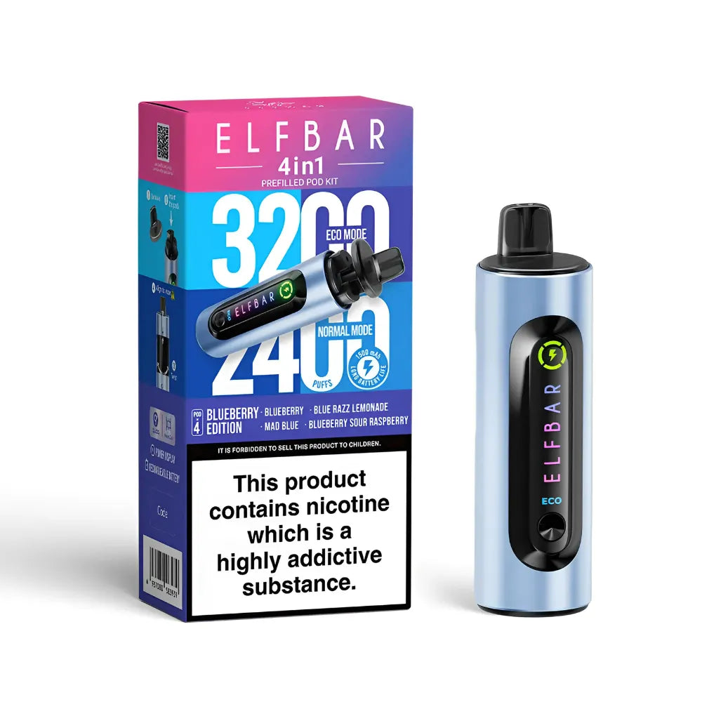 Elf Bar vape device in blueberry edition and packaging on a white background