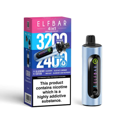 Elf Bar vape device in blueberry edition and packaging on a white background