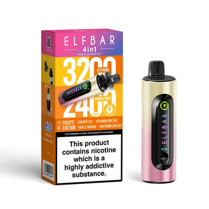 Elf Bar vape device in fruits edition and packaging on a white background