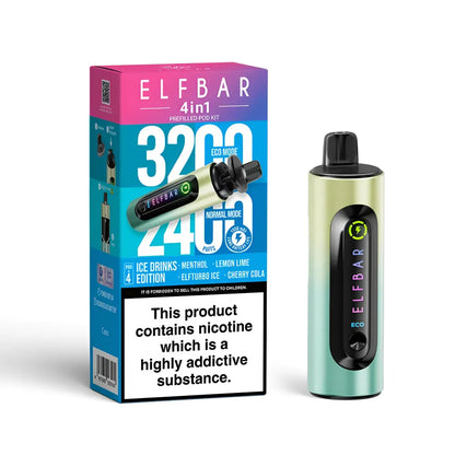 Elf Bar vape device in ice drinks edition and packaging on a white background