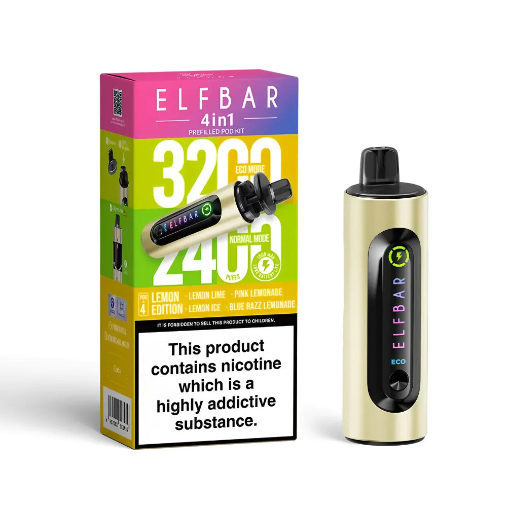 Elf Bar vape device in lemon edition and packaging on a white background
