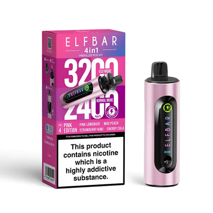 Elf Bar vape device in pink edition and packaging on a white background