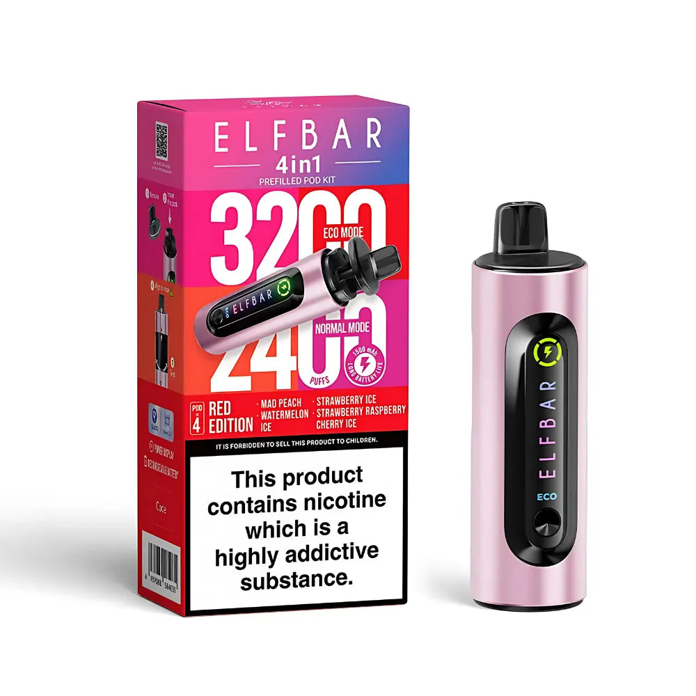 Elf Bar vape device in red edition and packaging on a white background