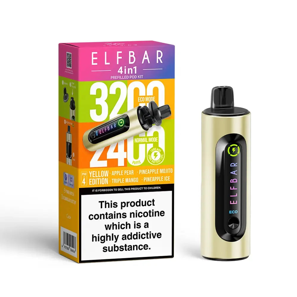 Elf Bar vape device in yellow edition and packaging on a white background
