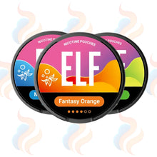 Three ELF nicotine pouches with colorful labels on a white background