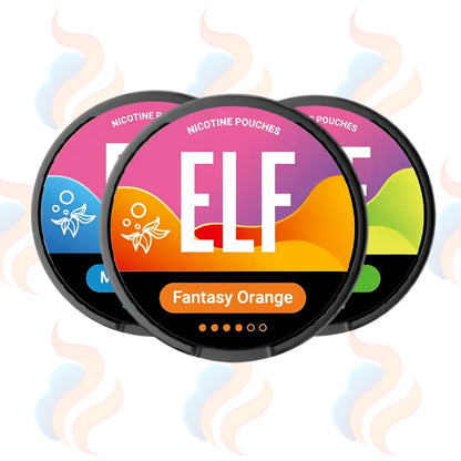 Three ELF nicotine pouches with colorful labels on a white background