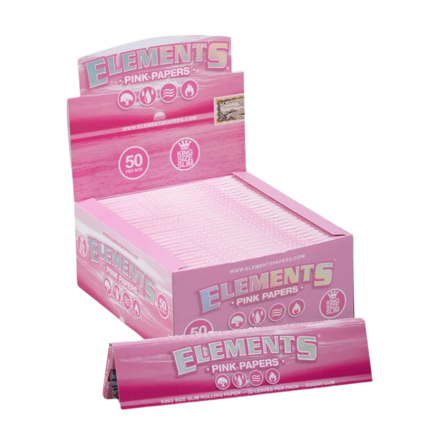 Elements 50-pack pink King Size Slim rolling papers slow burn