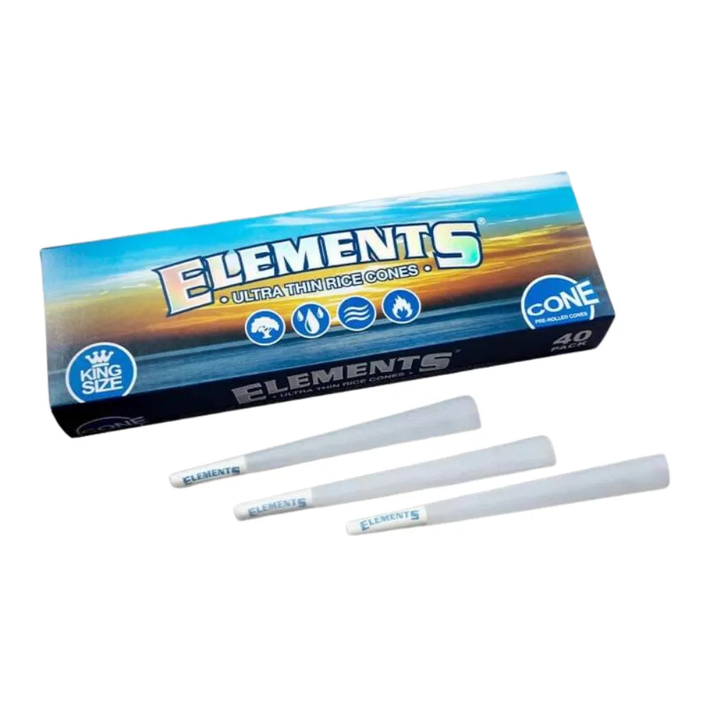 Box of blue Elements rolling cones with three pre-rolled cones on a white background