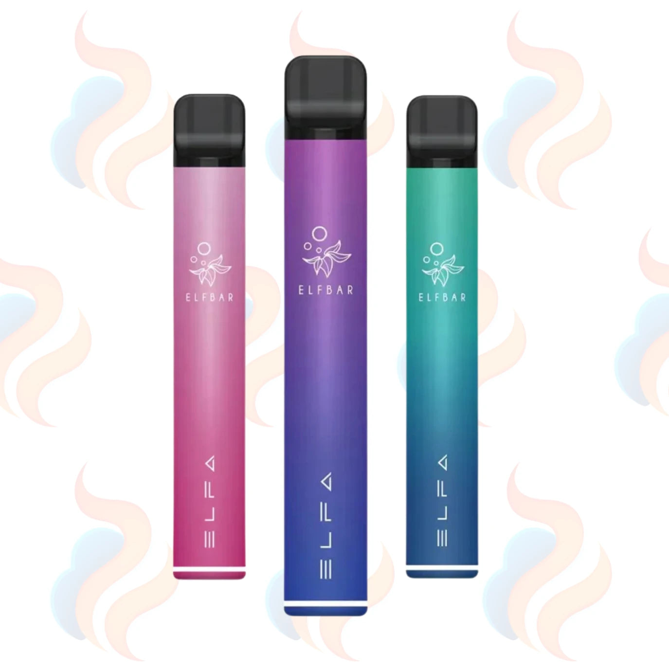 Three gradient-coloured vape devices with 'ELFA' branding on a logo background