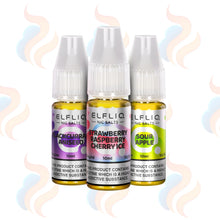 Three Elfliq By Elf Bar E-liquids on a white background with UK Vape Supply Logo