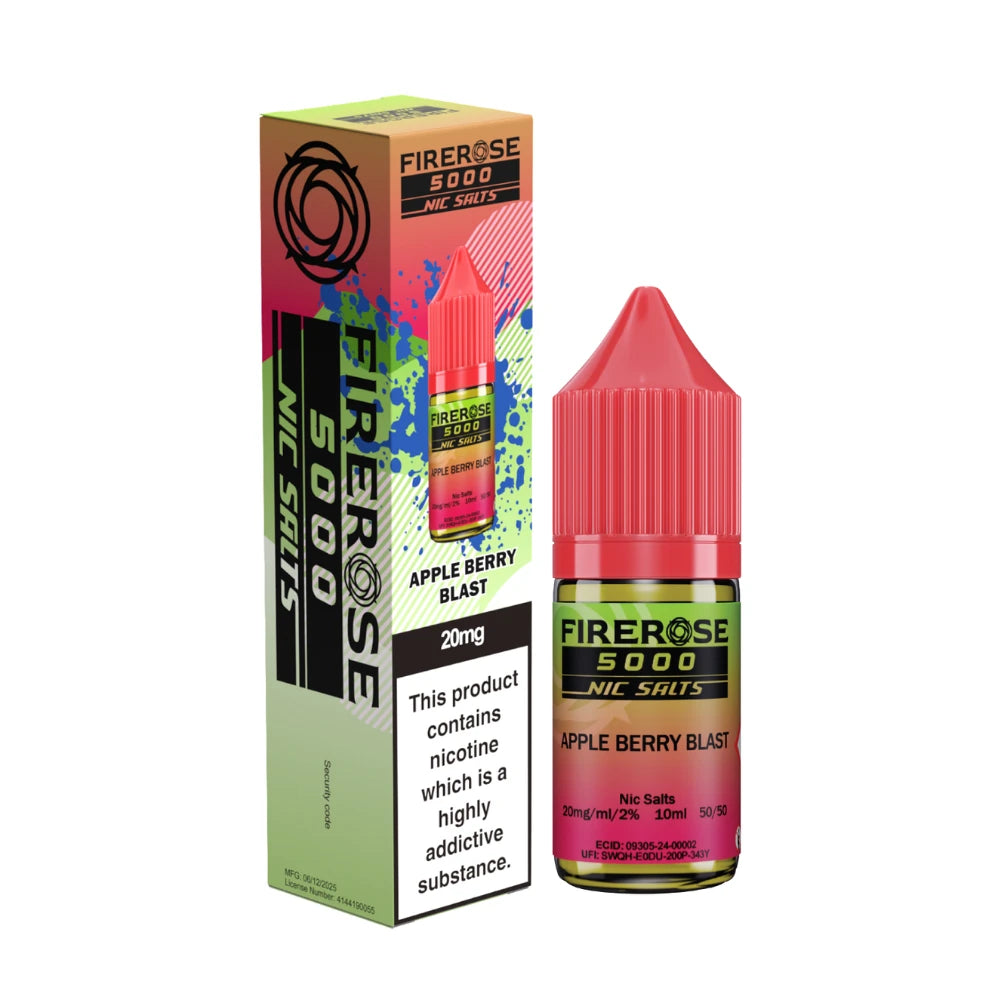 Elux Firerose 5000 nic salt e-liquid bottle in "Apple Berry Blast" flavour with colourful packaging on a white background.