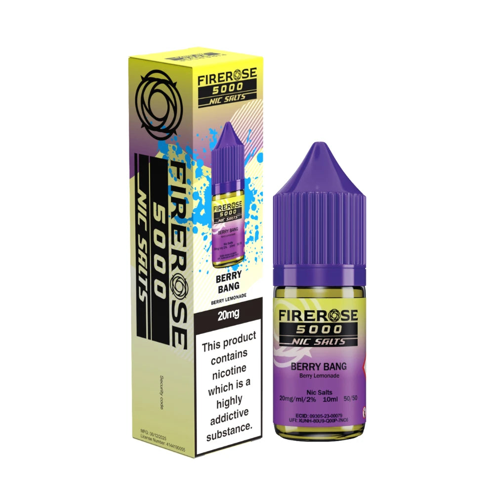 Elux Firerose 5000 nic salt e-liquid bottle in "Berry Bang" flavour with colourful packaging on a white background.