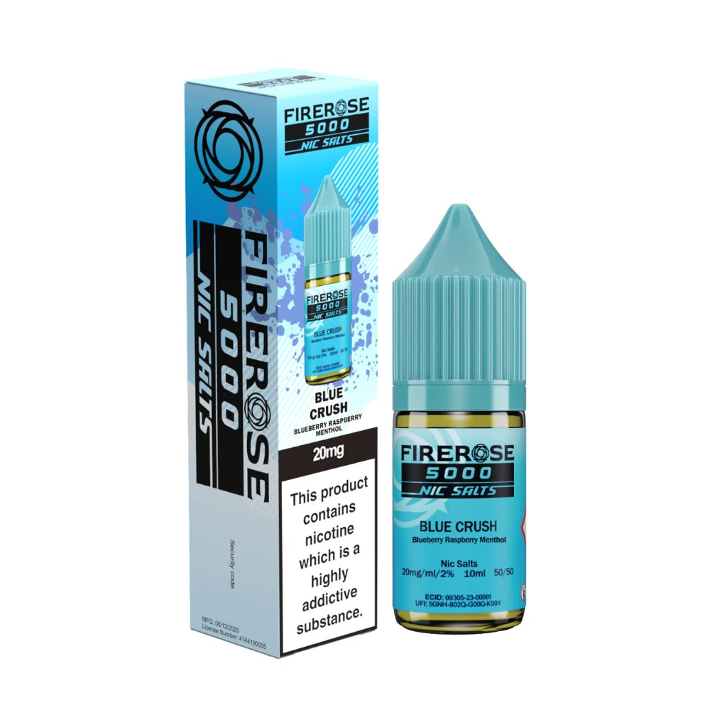 Elux Firerose 5000 nic salt e-liquid bottle in "Blue Crush" flavour with colourful packaging on a white background.