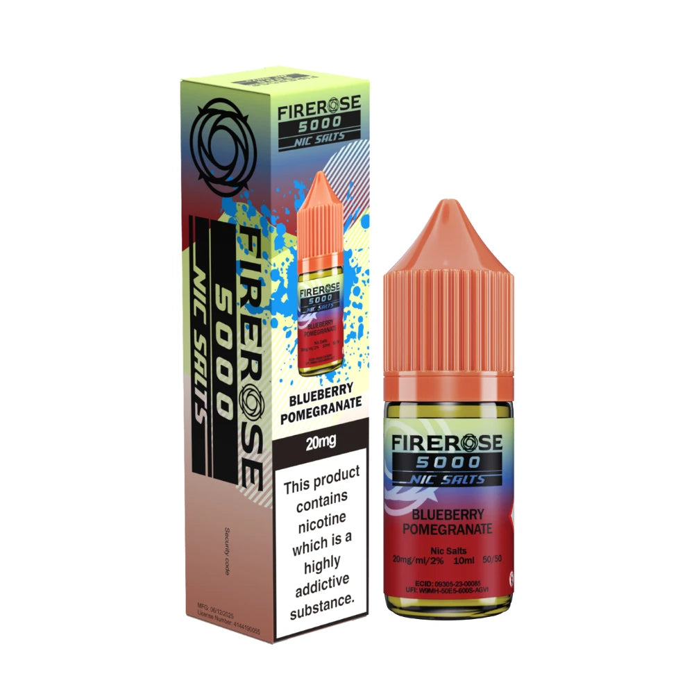 Elux Firerose 5000 nic salt e-liquid bottle in "Blueberry Pomegranate" flavour with colourful packaging on a white background.