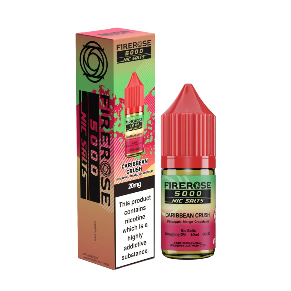 Elux Firerose 5000 nic salt e-liquid bottle in "Caribbean Crush" flavour with colourful packaging on a white background.