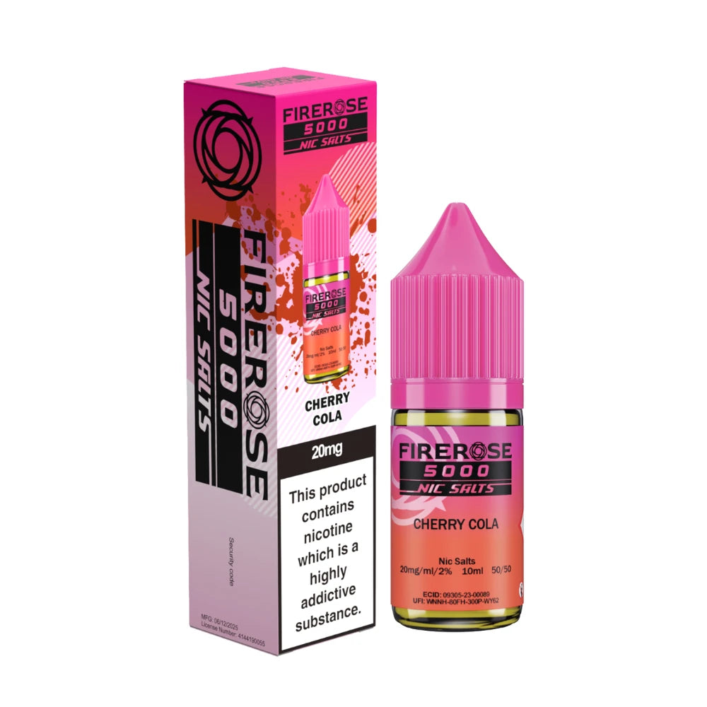 Elux Firerose 5000 nic salt e-liquid bottle in "Cherry Cola" flavour with colourful packaging on a white background.
