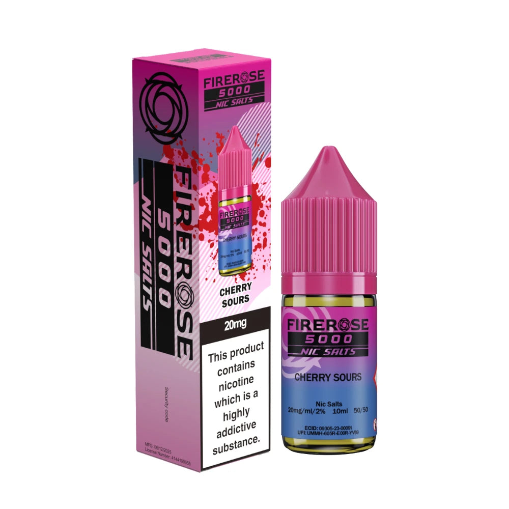 Elux Firerose 5000 nic salt e-liquid bottle in "Cherry Sours" flavour with colourful packaging on a white background.