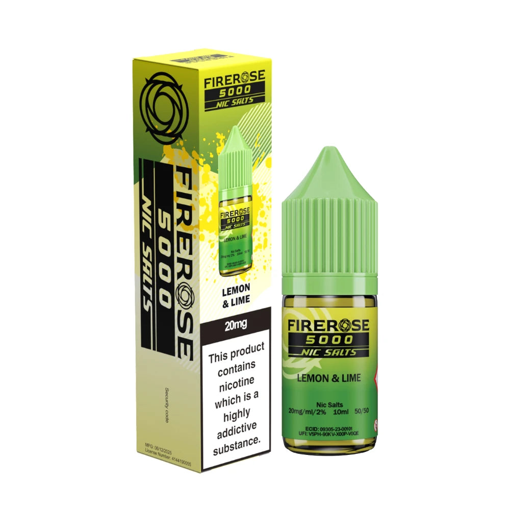 Elux Firerose 5000 nic salt e-liquid bottle in "Lemon Lime" flavour with colourful packaging on a white background.
