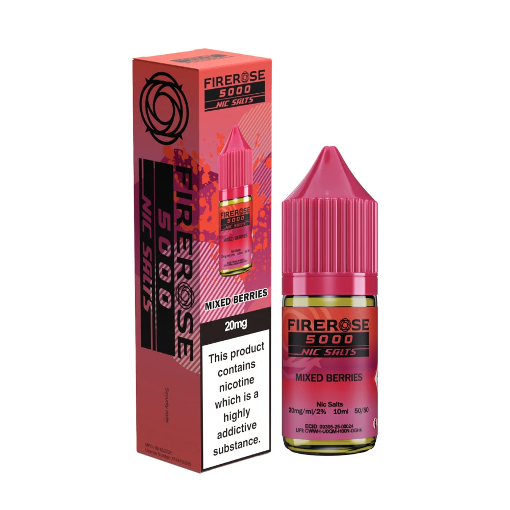 Elux Firerose 5000 nic salt e-liquid bottle in "Mixed Berries" flavour with colourful packaging on a white background.