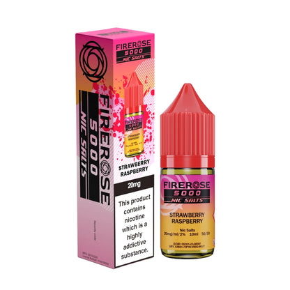 Elux Firerose 5000 nic salt e-liquid bottle in "Strawberry Raspberry" flavour with colourful packaging on a white background.